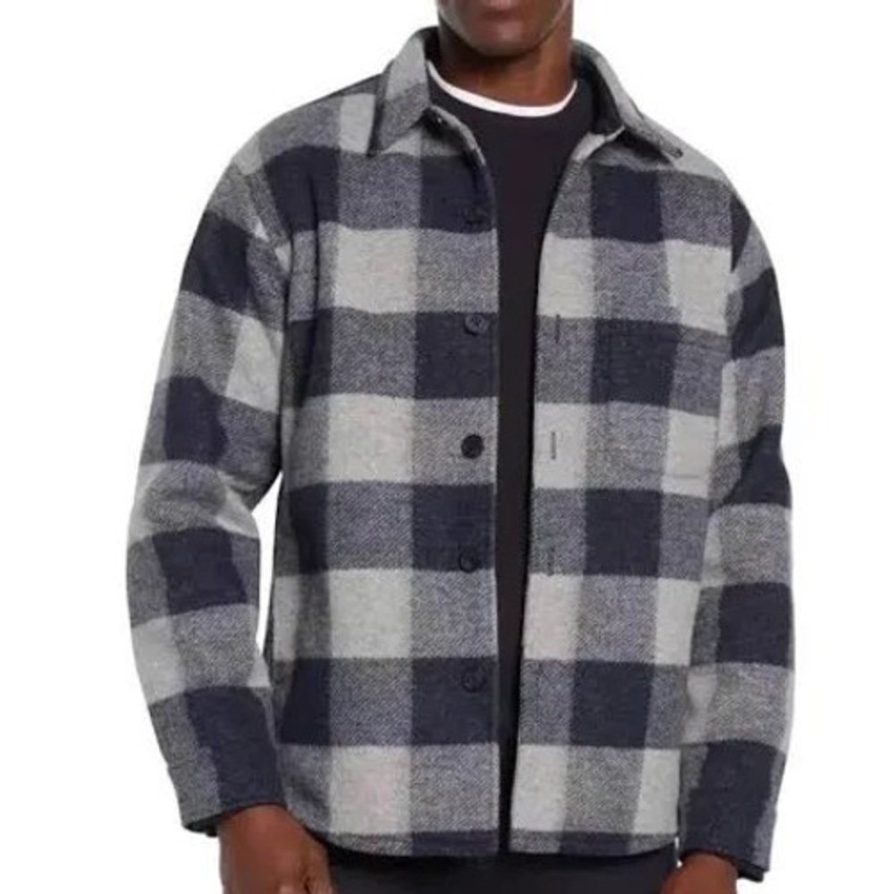 Banana Republic Mens XXL Grey Navy Buffalo Plaid Wool Blend Lined Shirt Jacket